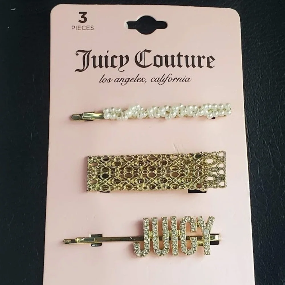 Juicy Couture 3pc Hair Clip Set Gold Tone Faux Pearl Rhinestone Logo New Bling